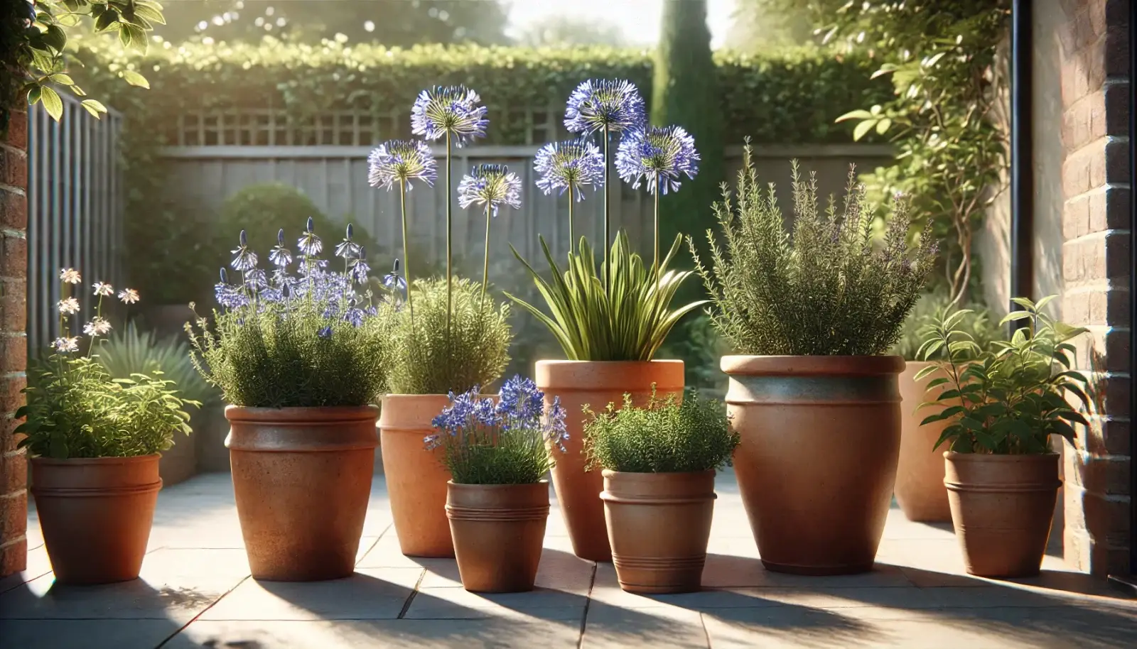 Low-maintenance plants in pots on a patio